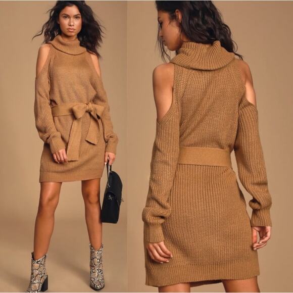 Lulus New Sweet Demeanor Turtleneck Cold-Shoulder Sweater Knit Belted Dress Tan - Picture 3 of 12
